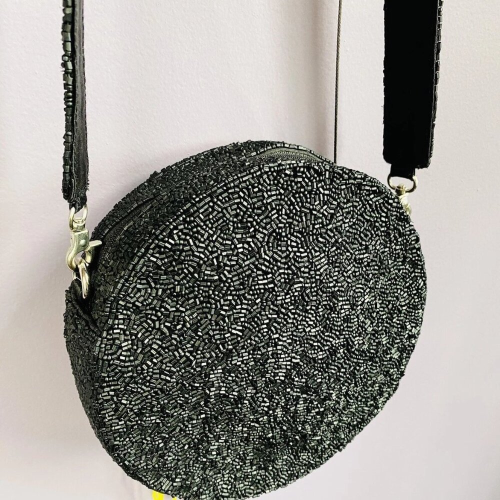 Black Metallic Rainbow Iridescent Cloud Hand Beaded Fringe Shoulder Bag Stars - Picture 5 of 8
